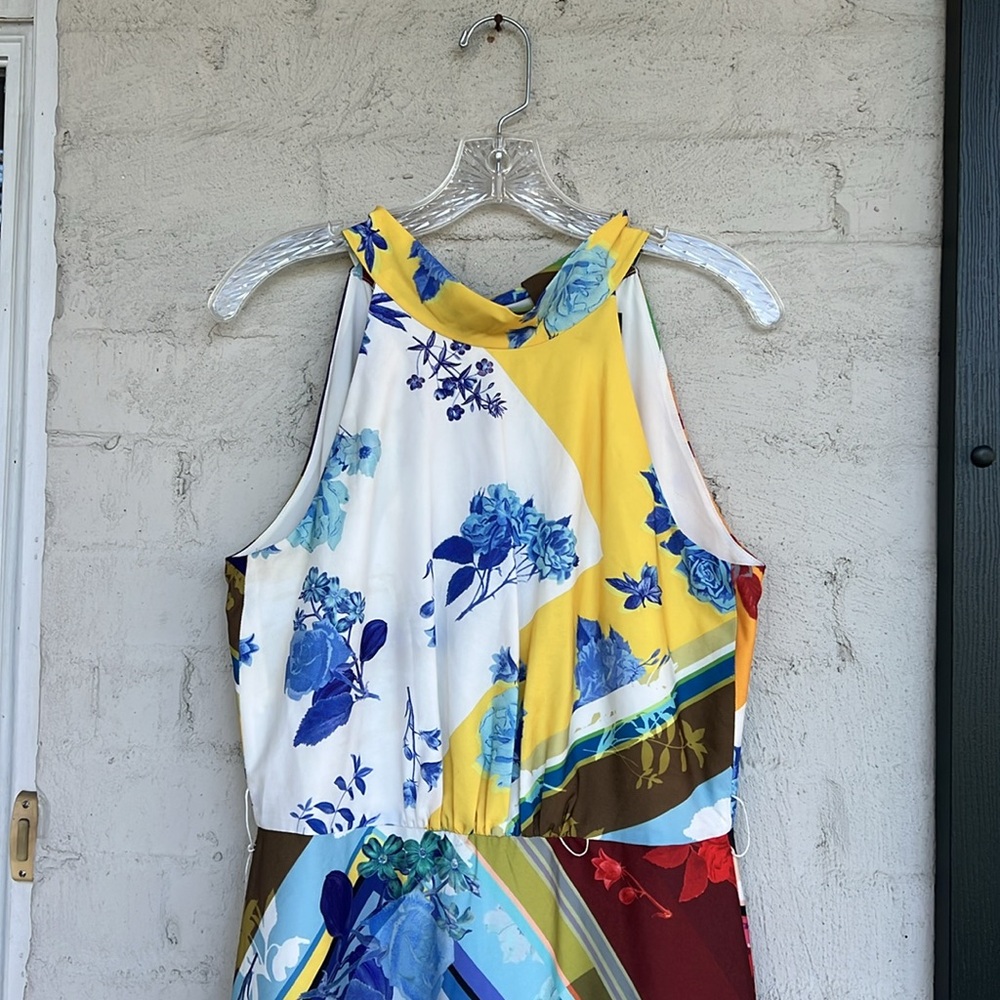Tahari ASL Blue/Yellow Multi Floral Sleeveless Flounce-Hem Maxi Dress Size 8P - Picture 5 of 16